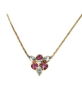 Avon Gold Tone 18" Necklace Pink & Clear Rhinestone Flower Pendant